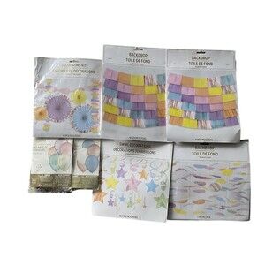 Pastel Party Decorations Lot Backdrops Balloons Fans Streamers NEW